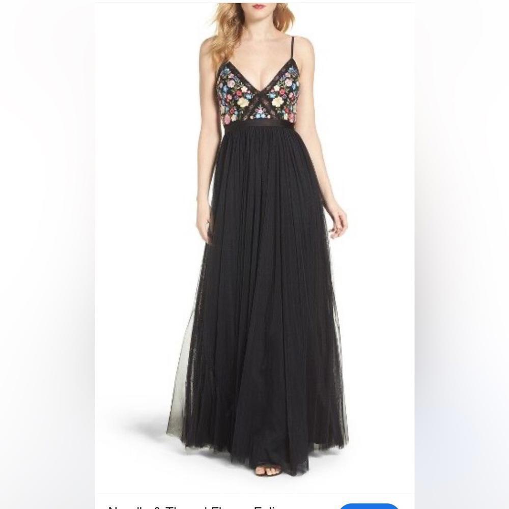 Needle & Thread Black Tulle Gown with Multicolor Floral Embroidered Bodice